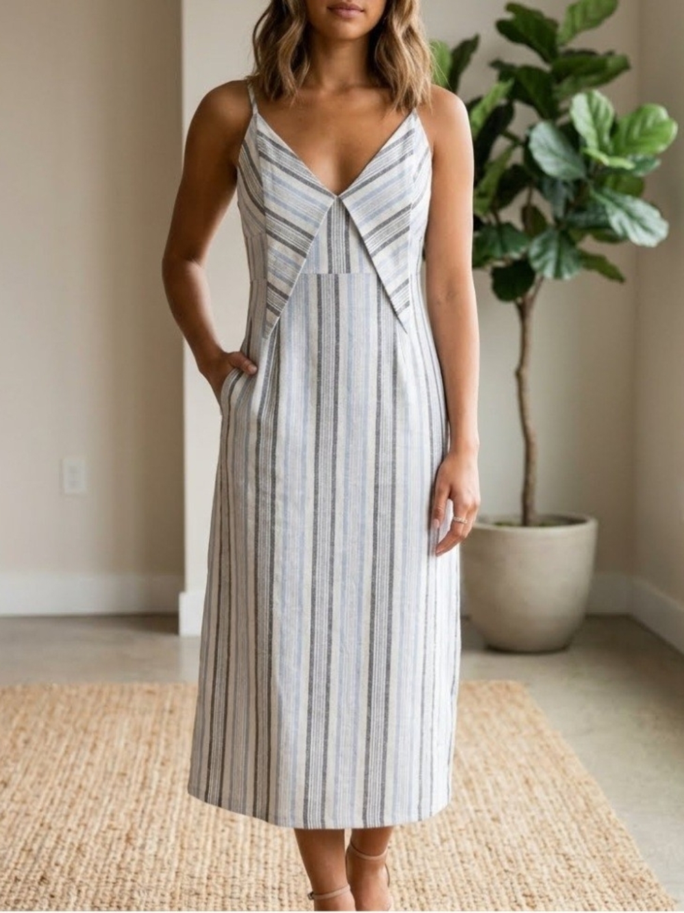NWOT Amaryllis Striped V‑Neck Midi Dress in Light Blue and White
